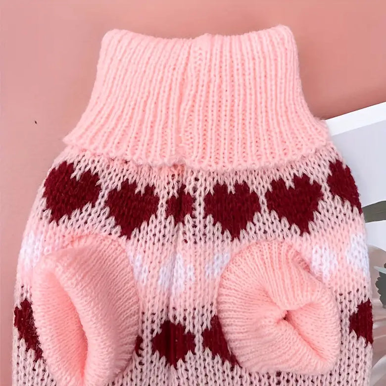 TM - CUTE PET LIFE PAVILION Dog Apparel Hearts Knit Pullover Turtleneck Pink Dog Sweater