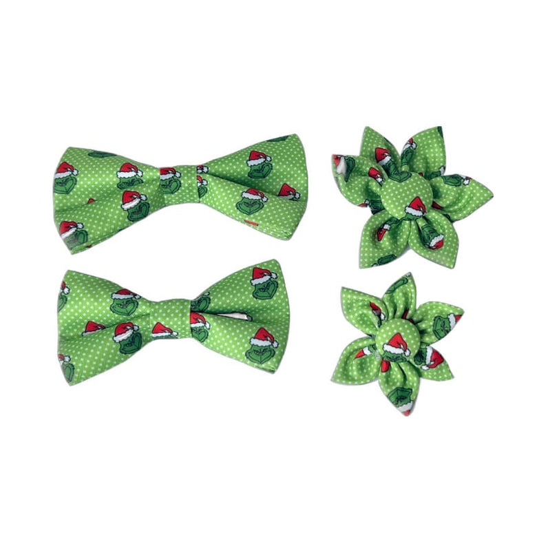 Sun Dog Bow Tie Holiday Grouchy Grinch Green Flower Pet Collar Attachment - 2 Sizes