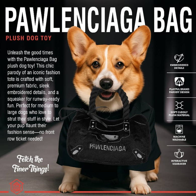 Chomp Haus Dog Toys Pawlenciaga Bag Plush Squeaky Black Dog Toy
