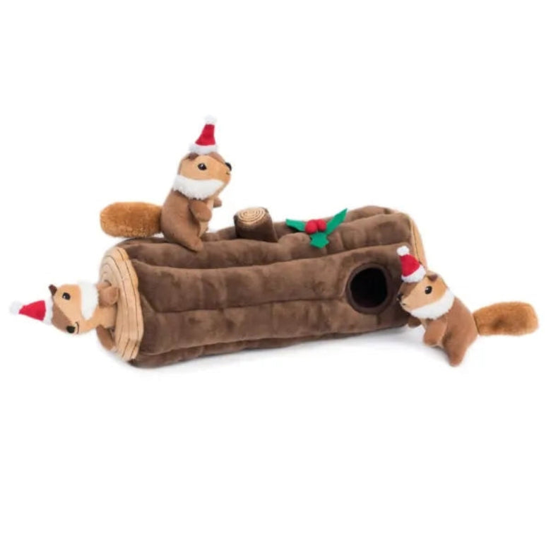 Christmas Holiday Burrow Yule Log Plush Squeak Dog Toy Set - 4 Pc
