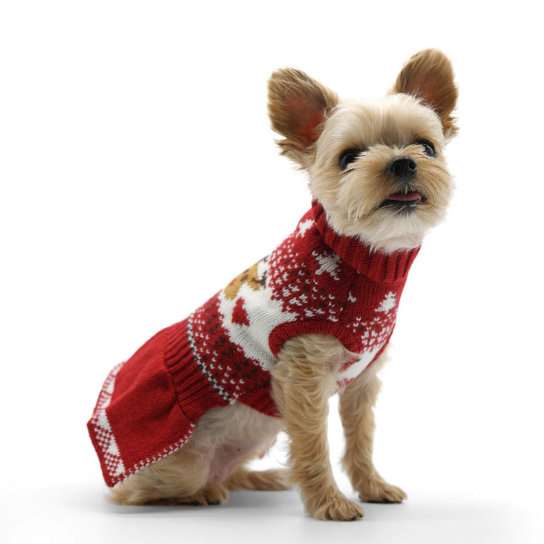 Reindeer Fair Isle Christmas Holiday Red Dog Sweater Dress - Size 2XL