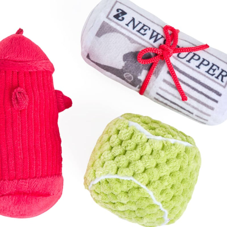 ZippyPaws dog toys Dog's Best Friends Miniz Tennis Ball, Fire Hydrant, Newspaper Plush Dog Toy Set - 3 Pack