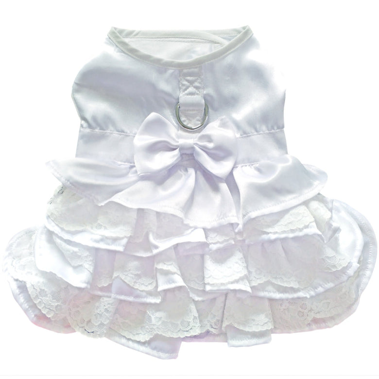 White Satin Pet Wedding Dress with Headpiece, Leash & D-Ring