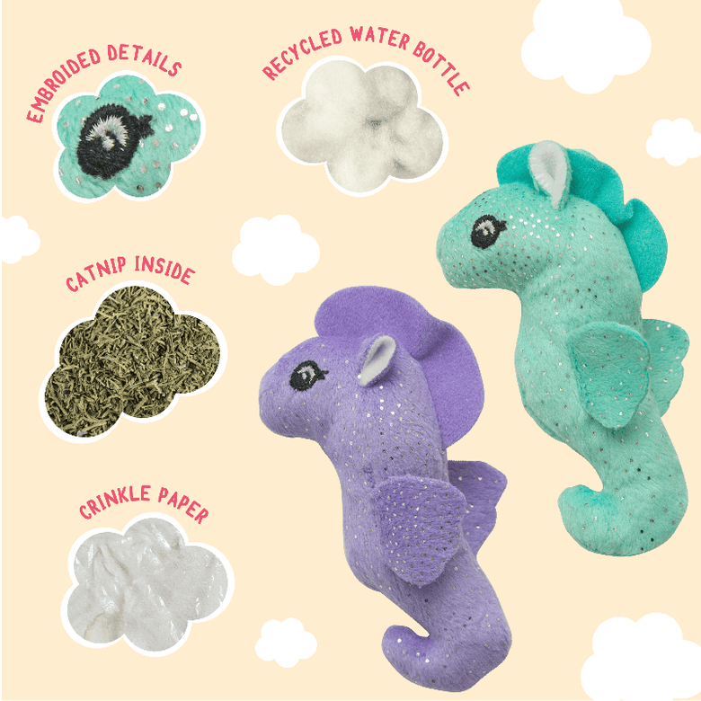 SnugArooz Cat Toys Kitty Seahorses Purple & Green Plush Cat Toy Set - 2pk