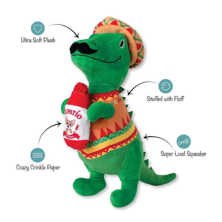 Petshop by Fringe Studio dog toys Fiesta Saurus Mustache Rex Plush Squeak Dog Toy