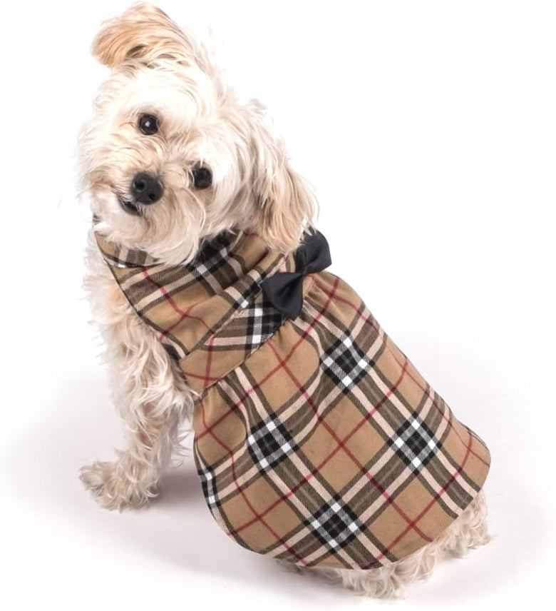 The Worthy Dog Dresses Tan Plaid with Black Bow Dog Dress