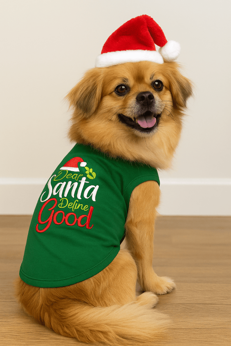 Parisian Pet® Tee's Dear Santa, Define Good Green Christmas Holiday Embroidered Dog T-Shirt
