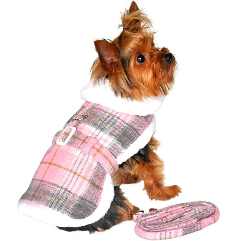 Doggie Design, Inc. Jackets-Coats Sherpa Lined Dog Harness Coat - Pink and White Plaid with Matching Leash
