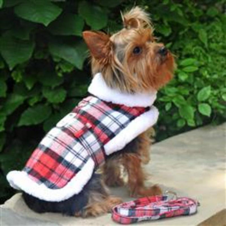 Doggie Design, Inc. Jackets Sherpa Lined Dog Harness Coat Red & White Plaid with Matching Leash