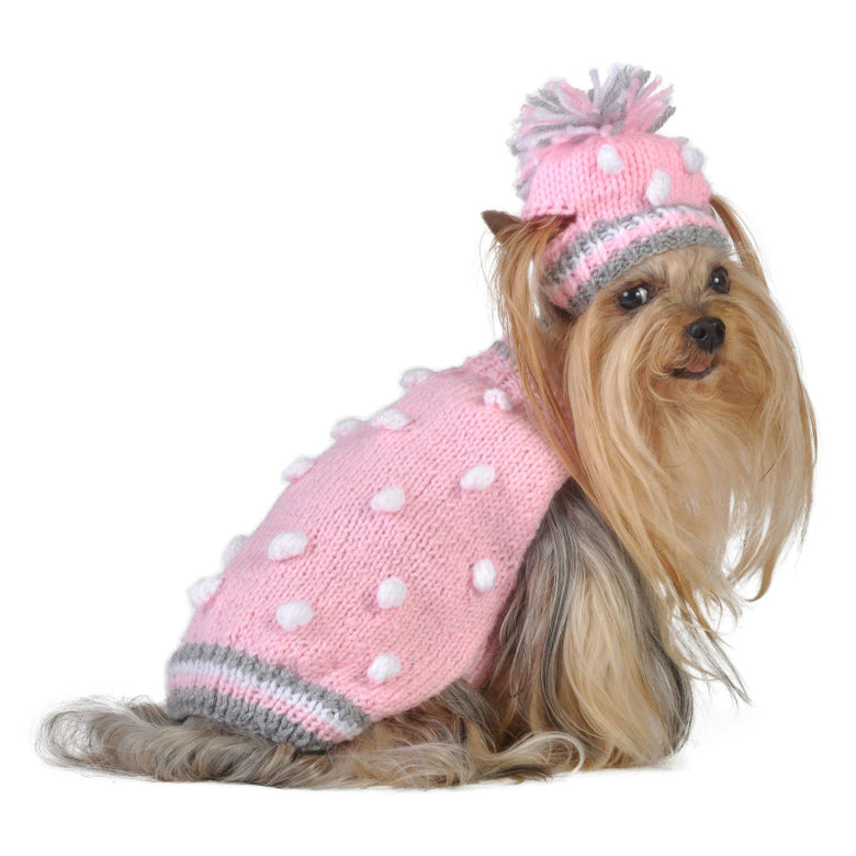 Pink Bobble Chunky Cable Knit Warm Pink/Grey Pet Sweater with matching Hat