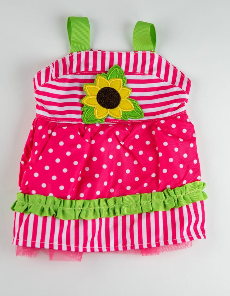 Barker's Bowtique Dresses SM Babydoll Sunflower Pink & Green with Polka Dots and Stripes Dog Dress