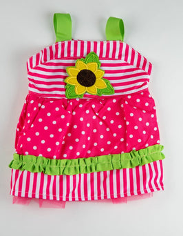 Barker's Bowtique Dresses SM Babydoll Sunflower Pink & Green with Polka Dots and Stripes Dog Dress
