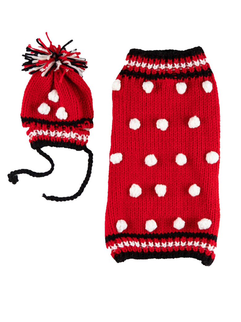 Chunky Cable Knit Red Bobble Warm Pet Sweater with matching Hat