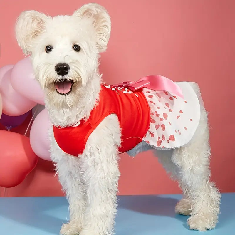 TM - PET PLUS LTD Dog Apparel Loads of Love Hearts and Tulle Pink Bow Red Dog Dress