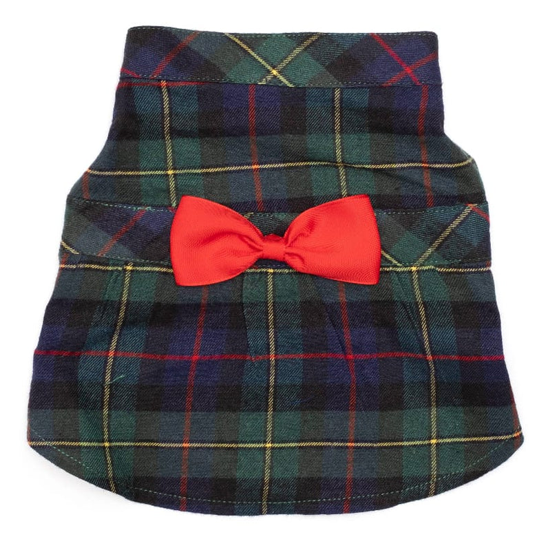 The Worthy Dog DRESSES XS MacLeod Tartan Forest Green & Navy with Red Bow Plaid Dog Dress