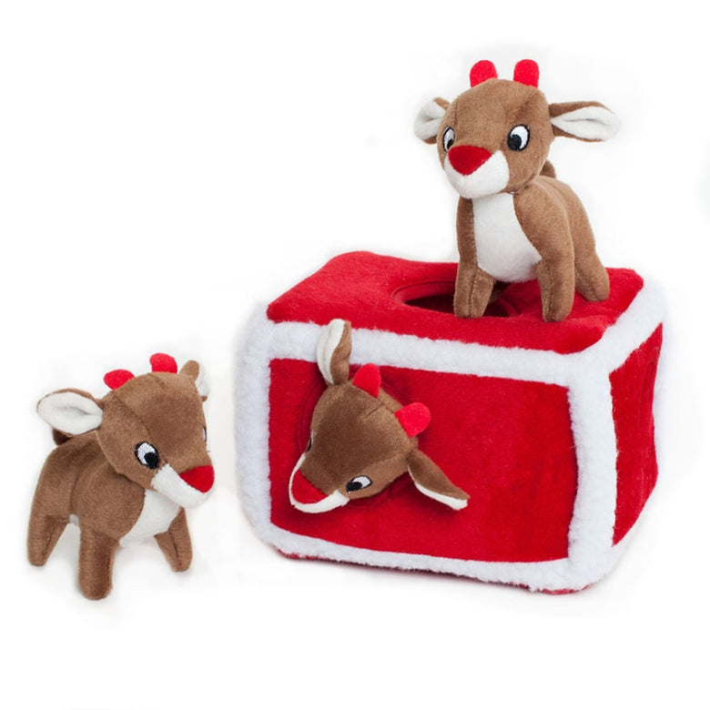 Holiday Christmas Burrow Reindeer Pen Interactive Plush Squeak Dog Toy Set - 4Pc