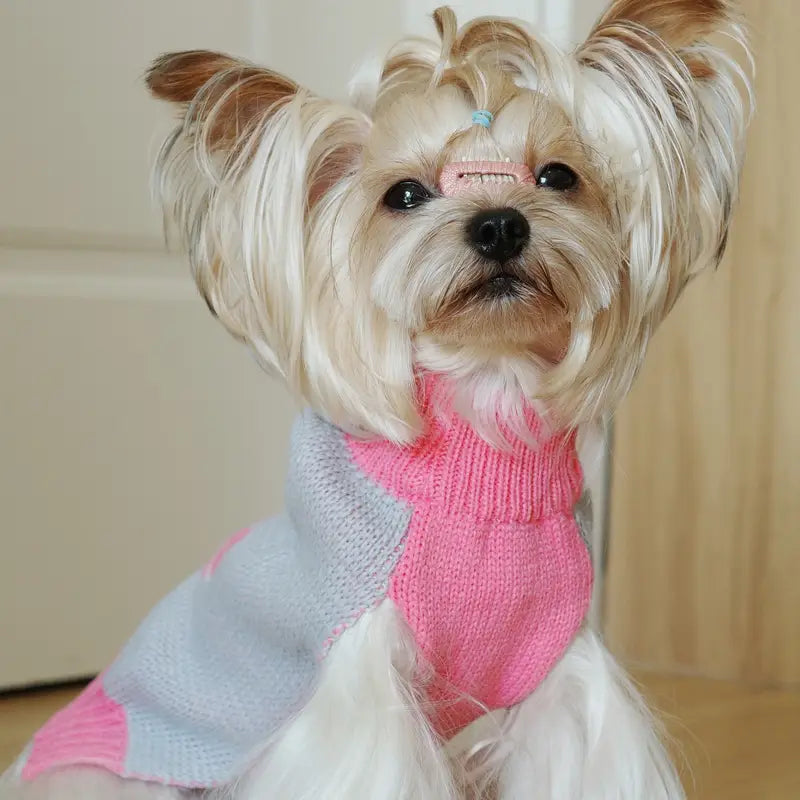 TM - NGS PET SHOP Dog Apparel Adorable Triple Heart Patterned Pink & Grey Turtleneck Dog Sweater