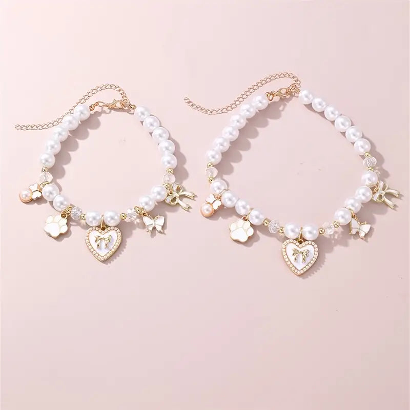 TM - JJPET Collars Heart with Bows and Paw Print Charms Faux Pearl Pet Necklace - 2 Colors