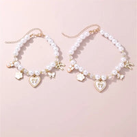 TM - JJPET Collars Heart with Bows and Paw Print Charms Faux Pearl Pet Necklace - 2 Colors