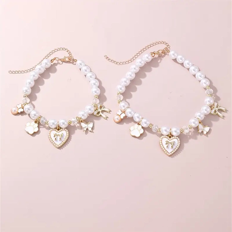 TM - JJPET Collars Heart with Bows and Paw Print Charms Faux Pearl Pet Necklace - 2 Colors