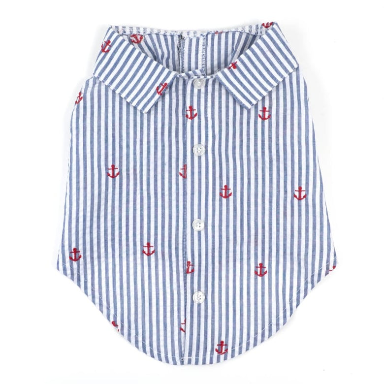 The Worthy Dog CollardShirts XS Navy Stripe Blue & White with Red Anchors Collared Dog Shirt