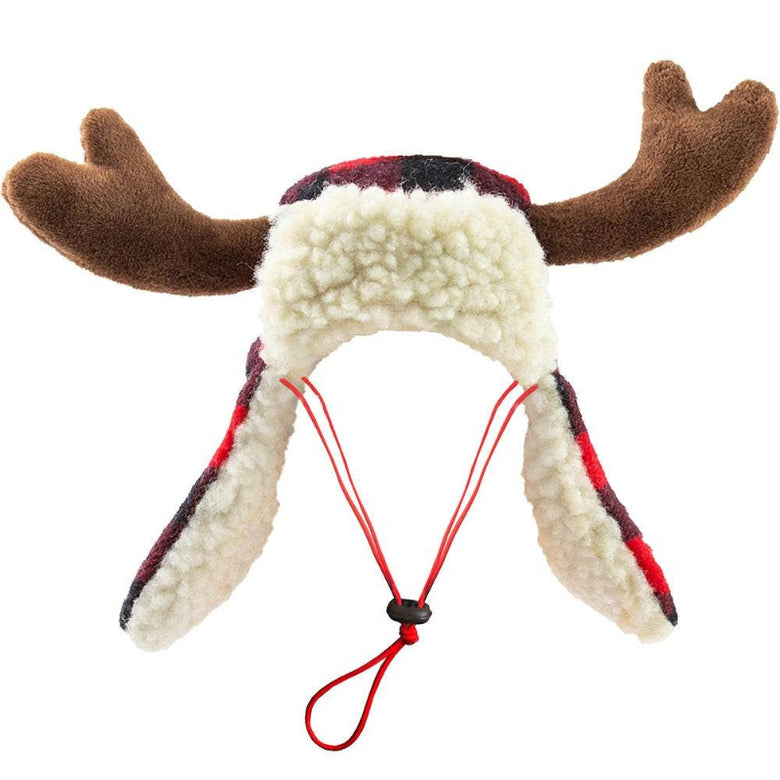 Buffalo Red Check Antler Holiday Warm Pet Hat with Snugfit