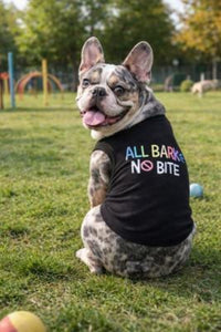 All Bark No Bite Black Colorful Print Embroidered Dog Tee