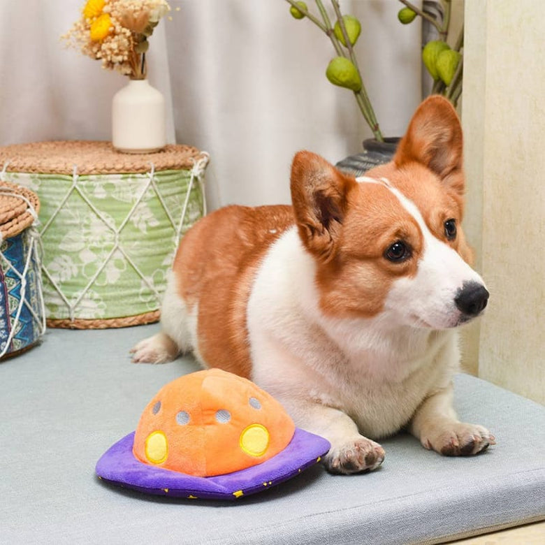 Hugsmart Products Inc dog toys Space Paws Purple Orange Flip the UFO Plush Dog Toy