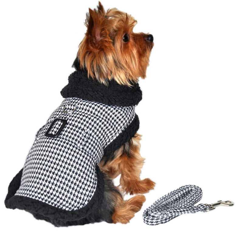 Doggie Design, Inc. Jackets-Coats Sherpa Lined Stylish Blk & White Houndstooth with Leash Dog Harness Coat