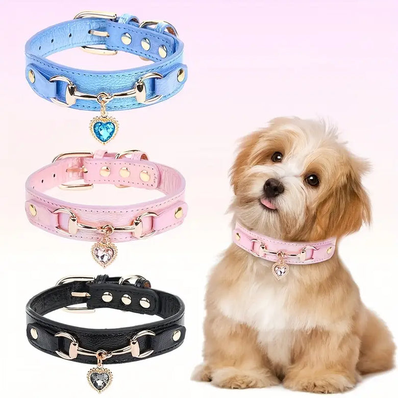 TM - NIKKO PETS Collars XS Love Heart Bling Charm Blue Iridescent Leather Pet Collar - XS