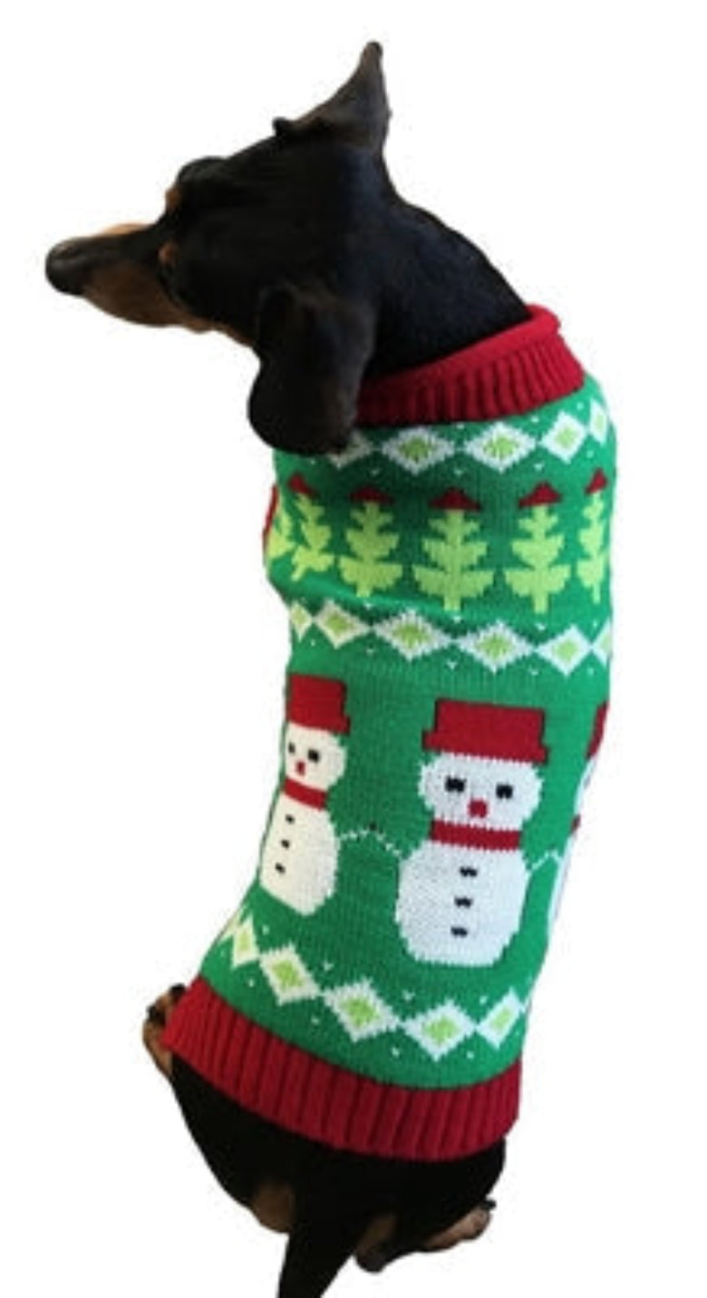 Christmas Holiday Fair Isle Snowmen Warm Green Dog Sweater