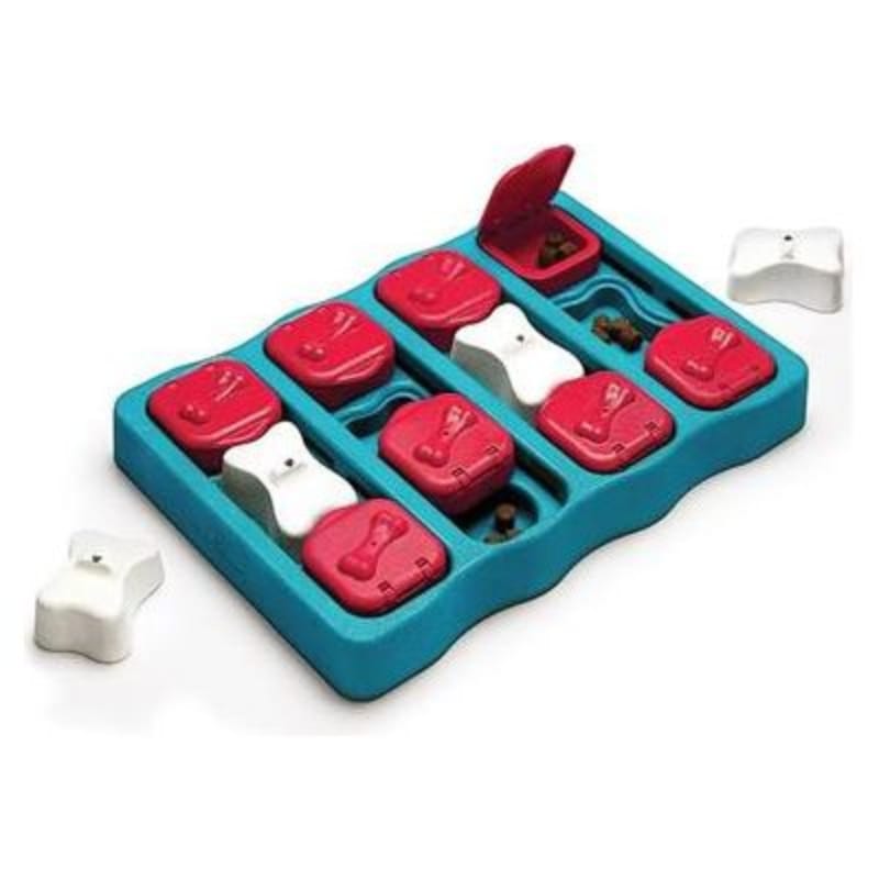 Outward Hound dog toys Dog Brick Flip, Side & Treat Blue Level 2 Interactive Dog Toy
