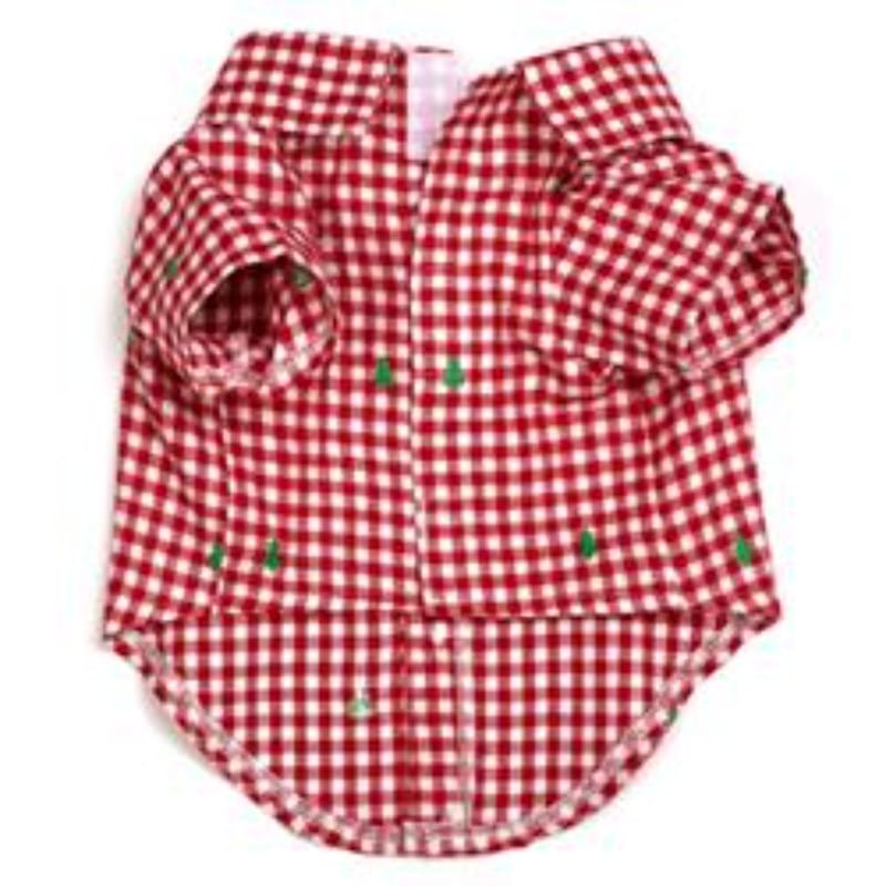 The Worthy Dog CollardShirts Check Trees Red & White Holiday Collared Dog Shirt