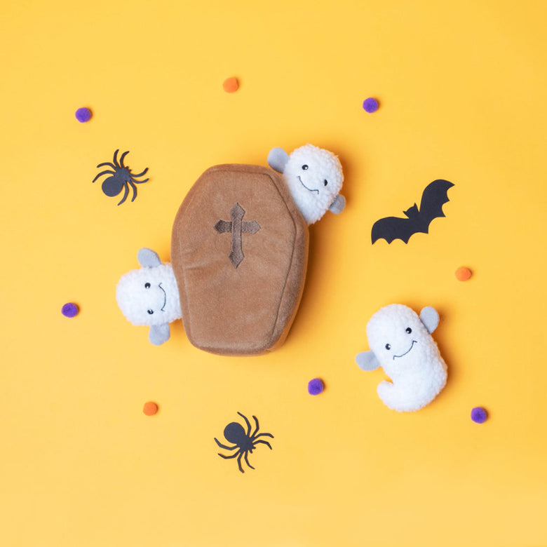 Halloween Burrow Coffin with Ghosts Interactive Dog Toy Set - 4 Pc