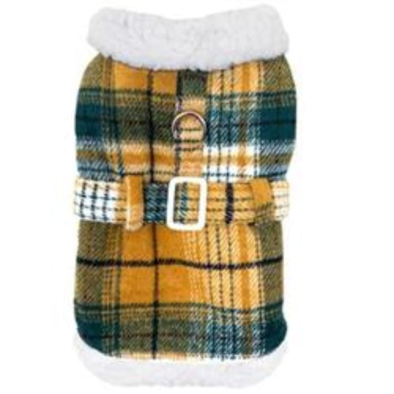 Doggie Design Dog Apparel Sherpa Lined Dog Harness Coat Yellow & Green Plaid with Matching Leash