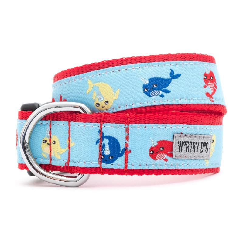 The Worthy Dog COLLARS XSM Narwhals Blue with Red Trim Summer Dog Collar
