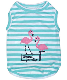 Parisian Pet® Tee's 2XS Pink Flamingos Tropical Paradise Blue Stripe Dog T-Shirt