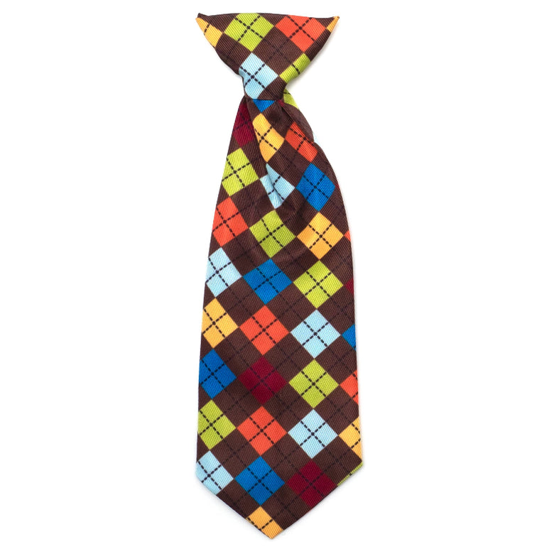 Autumn Brown Argyle Fall Season Neck-Tie Pet Collar Attachment - 2 Sizes