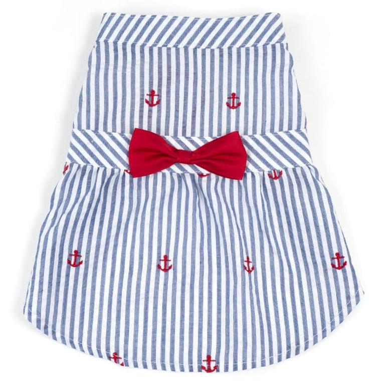 The Worthy Dog DRESSES XS Navy Blue Stripe with Red Anchors and Red Bow Summer Dog Dress