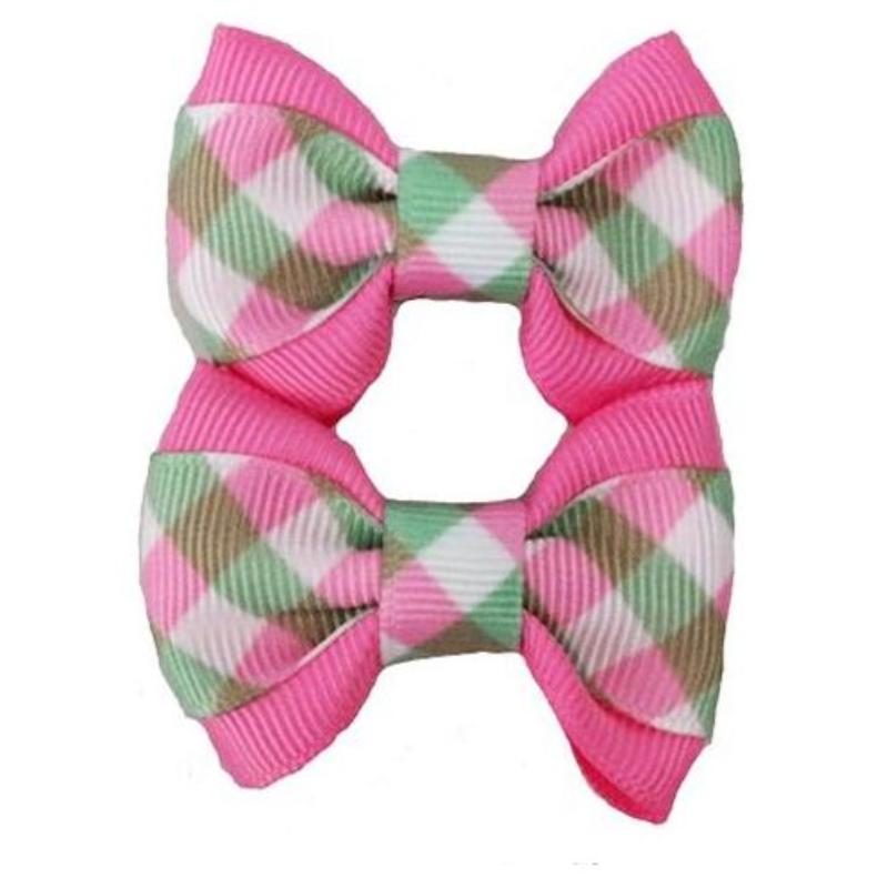 Barker's Bowtique Hair Bows Pink/Green Gingham on Pink Hair Dog Bows - 2pcs