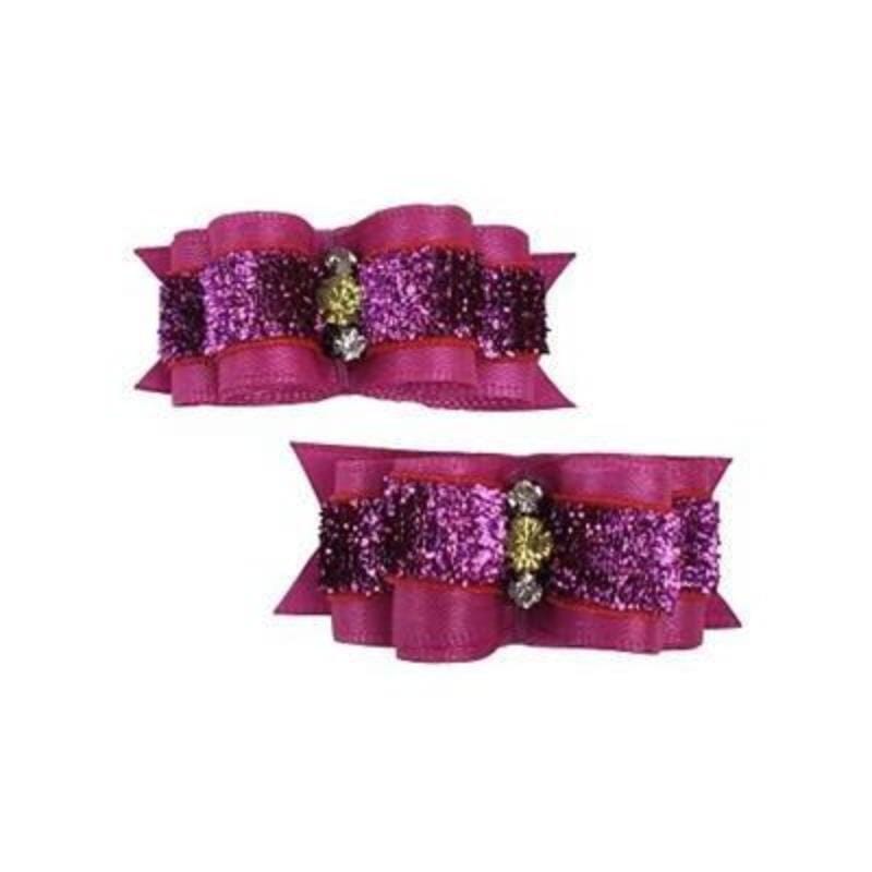 Barker's Bowtique Hair Bows Deep Pink Glitter with Bling Stones Dog Hair Bow Clips - 2 bows