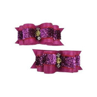 Barker's Bowtique Hair Bows Deep Pink Glitter with Bling Stones Dog Hair Bow Clips - 2 bows
