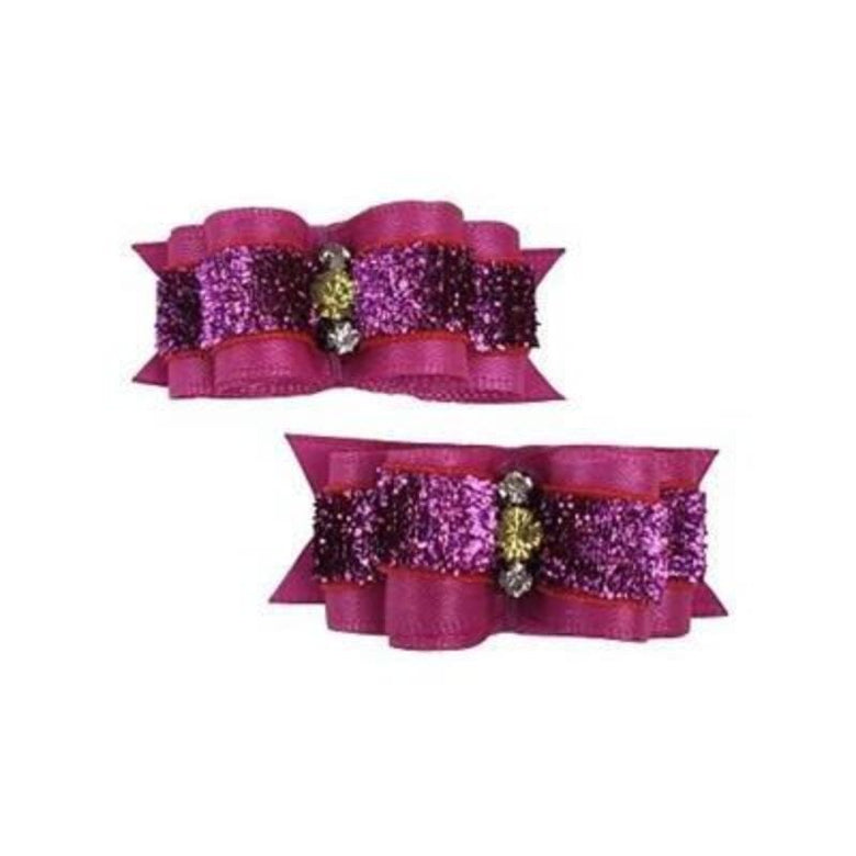 Barker's Bowtique Hair Bows Deep Pink Glitter with Bling Stones Dog Hair Bow Clips - 2 bows