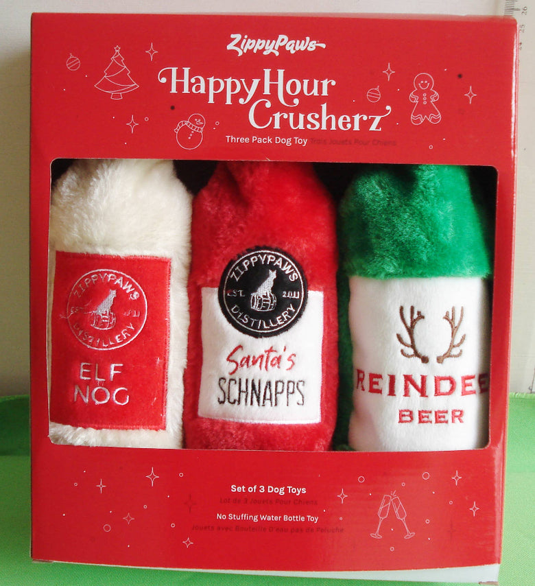 Happy Hour Crusherz Christmas Holiday Plush Squeaky Boxed Dog Toy Set - 3 Pk