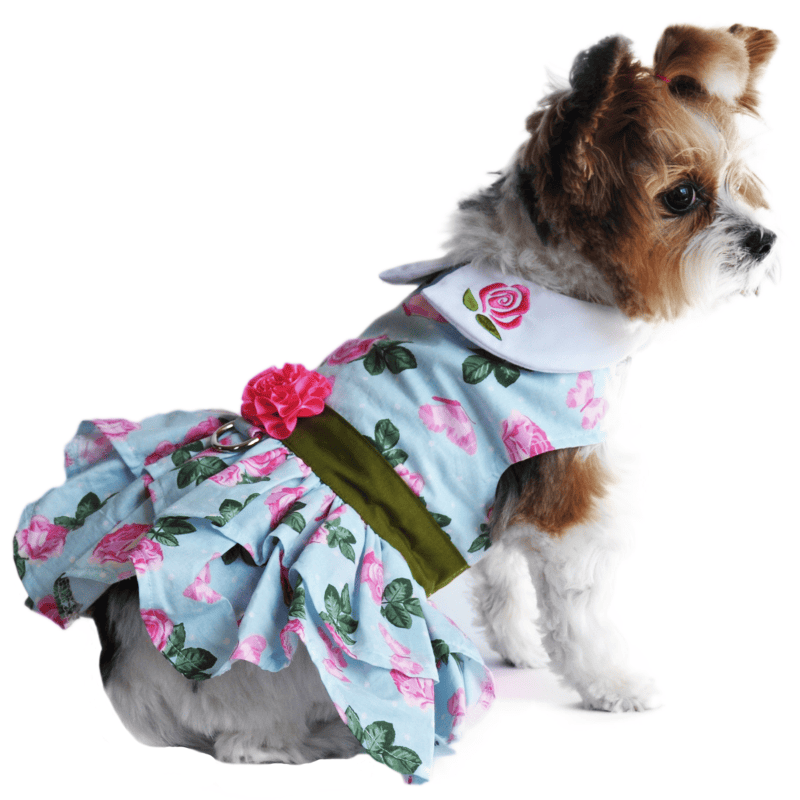 Doggie Design Dog Apparel Pink Rose Embroidered Collar Dog Harness Dress & Matching Leash