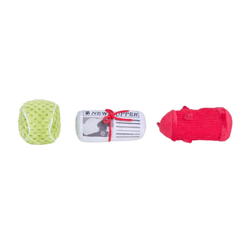 ZippyPaws dog toys Dog's Best Friends Miniz Tennis Ball, Fire Hydrant, Newspaper Plush Dog Toy Set - 3 Pack