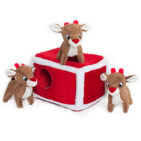 Holiday Christmas Burrow Reindeer Pen Interactive Plush Squeak Dog Toy Set - 4Pc