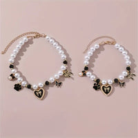 TM - JJPET Collars Heart with Bows and Paw Print Charms Faux Pearl Pet Necklace - 2 Colors