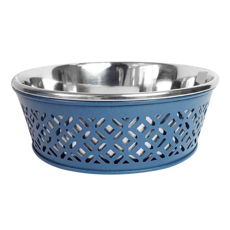 JoJo Modern Pets Bowls 50oz Mallard Blue Farmhouse Metal Punchout Stainless Steel Dog Bowl