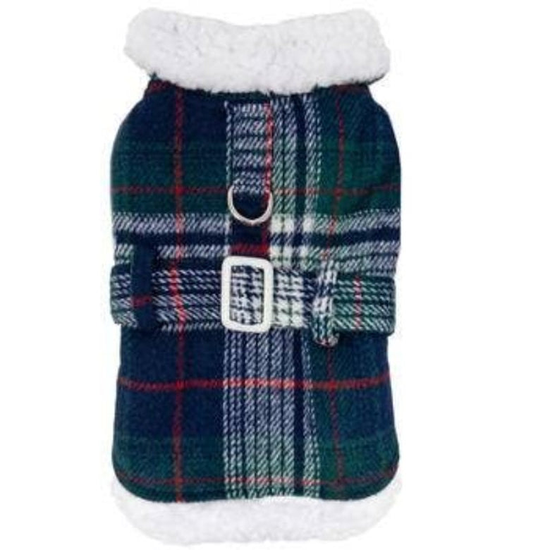 Doggie Design Jackets XS Sherpa Lined Dog Harness Coat Blue & Green Plaid with Matching Leash